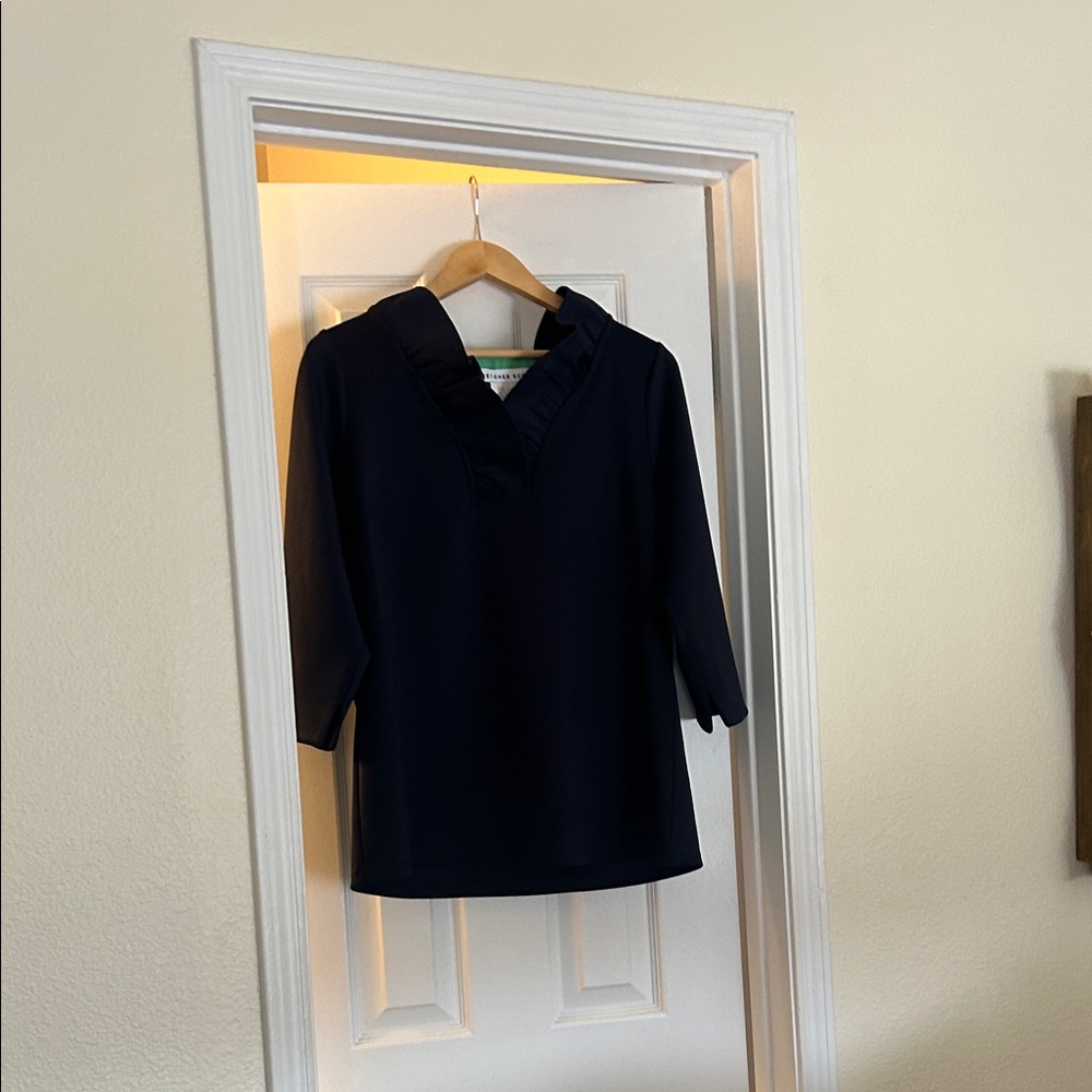 Gretchen Scott Designs Navy Ruffled Blouse